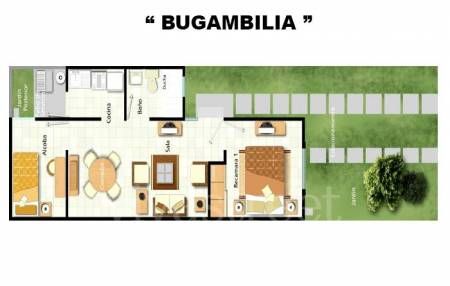 MODELO BUGAMBILIA
 40.51 de construcción
 72.67 m2  de terreno
 2 recámaras
 1 baño
 1 lugar para estacionamiento
